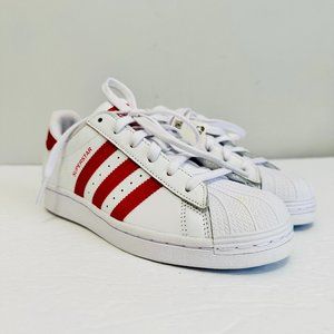 ADIDAS SUPERSTAR ORIGINALS RED AND WHITE 3 STRIPES SNEAKERS